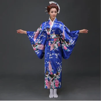 Raudona Tradicinis Moterų Šilko Satino Kimono Yukata Su Obi Naudingumo Šokių Suknelė Japonijos Cosplay Kostiumas Gėlių Vienas Dydis JK070