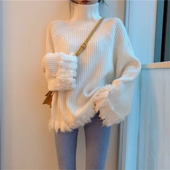 Rudenį ir žiemą megztinį, ilgą dalyje mados laukinių prarasti didelės apykaklės megztinis moterų vientisos spalvos viršūnes
