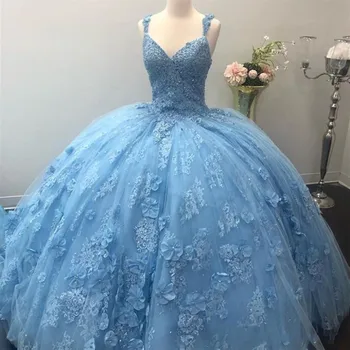 Sky Blue Princess Quinceanera Suknelės, Gėlių Aplikacijos Kamuolys Suknelė vestidos de 15 anos Maskuotis Chalatai Saldus 16 Suknelė Dėvėti Inscenizacija
