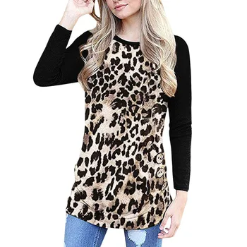T-Marškinėliai Moterims, O-Kaklo Leopardas Spausdinti ilgomis rankovėmis Lengvas Megztinis Ponios Topai Marškinėliai Plius Dydžio Marškinius 2021 blusas mujer de moda