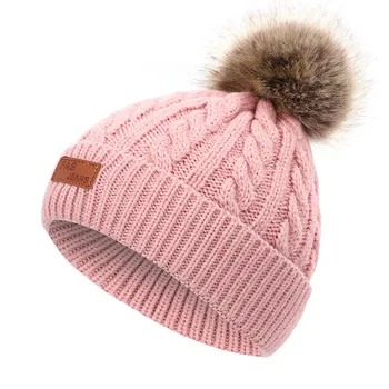 Vaikų vilnos skrybėlę dirbtiniais meškėnas kamuolys megzti skrybėlę twist skrybėlę žiemos priedai