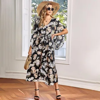 Vasaros Elegantiškas Midi Suknelė Batwing Rankovėmis Spausdinti Asimetriškas Suknelės Moterims, V Kaklo Varčias Kasdienių Drabužių 2021 Naujas
