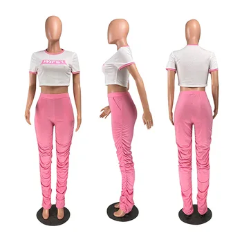 Vasaros moterų mados rožinės spalvos drabužius dviejų dalių komplektas trumpas rankovės klasikiniai marškinėliai viršuje + aukšto juosmens sukrauti poilsiu kelnės kostiumas