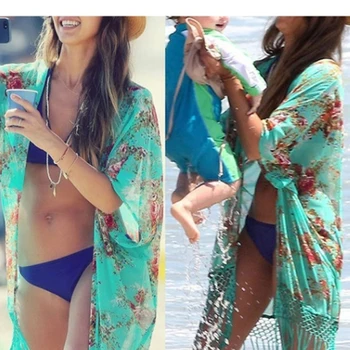 Vasaros Žalia Kutais Skara Kimono Šifono Marškinėliai Moterims Long Beach Palaidinė Padengti Iki Ponios Apsauga Nuo Saulės, Drabužiai, Boho