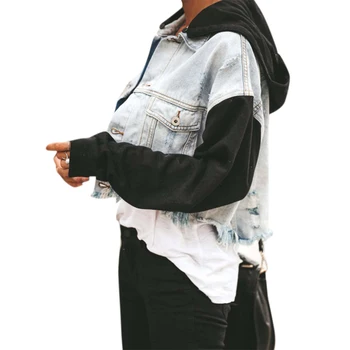 VICABO 2020 NAUJAS Džinsinis Susiuvimo Moterims Švarkai Kutas Gobtuvu Streetwear Trumpas Vieno Krūtinėmis ilgomis Rankovėmis Skylę Rippped Outwears