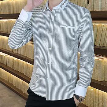 Vyriški marškiniai ilgomis rankovėmis rudenį naujų slim fit korėjos mados asmeninį juostele jaunimo laisvalaikio marškinėliai