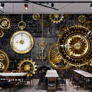 Wellyu 3D trimatis Europos ir Amerikos auksinis pavarų laikrodis freskos fone sienos užsakymą didelės freskos žalia tapetai