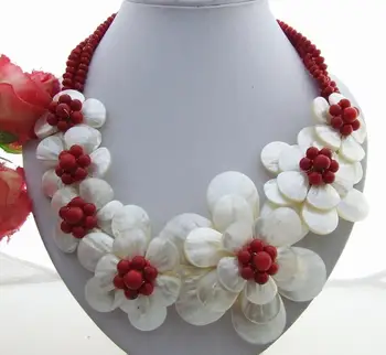 Y·YING natūralus Baltas Apvalkalas Gėlių Raudonųjų Koralų Kristalų Pareiškimą Karoliai 18