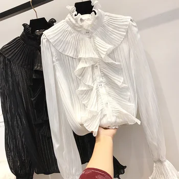 2019 m. Pavasarį ilgai žibintų rankovių stovėti apykaklės šifono ruffles marškinėliai moterims atsitiktinis palaidų raukiniai, palaidinės moterims, kaklaraištis šifono viršų