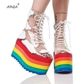 2019 Naujas Rainbow Storio Apačioje Mados Skaidrios PVC Oda Nėrinių Paroda Cool Batai Naktiniuose klubuose Šalies aukštakulnį Moterų Batai