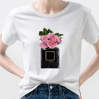 2021 T-shirt Moterims Gėlių Kvepalų Buteliuko Saldus Trumpas Rankovės Kūrybos Streetwear Marškinėlius Vasaros korėjos Mados Drabužius Moteris