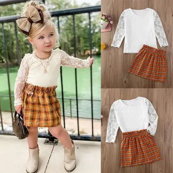 2vnt Bamblys Vaikas Baby Girl Drabužiai Nėrinių Marškinėliai Topai + Pledas Sijonas Apranga Rinkinys