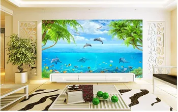 3d pritaikyti tapetai, Mėlynas dangus, balti debesys delfinai povandeninio pasaulio medis freskos 3d tapetai