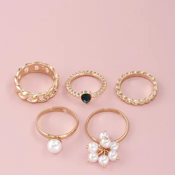 5 Vnt/Set Paprasta Perlų Imitacija Kristalų Žiedai Mados Elegantiškas Žiedai Moterims, Šaliai, Papuošalai, Dovanos