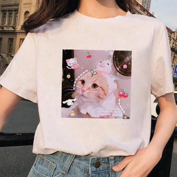 90s Juokinga balti Marškinėliai Harajuku Drabužius Marškinėlius Estetinės Katė Anime Madinga T-shirt Kawaii Grafinis Tees Ullzang Moterims