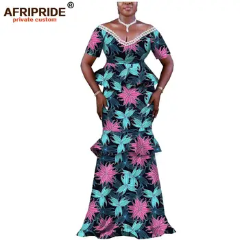 Afrikos maxi šalis suknelė moterims AFRIPRIDE heidi bazin richi trumpomis rankovėmis, grindų ilgis medvilnės moterų suknelė su perlų A1925007