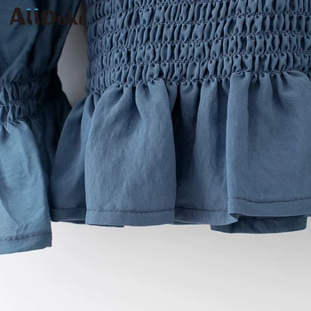 ALLDOKE elegantiškas ruffles moterų palaidinė vasarą, o kaklo, ilgomis rankovėmis apkarpyti viršūnes marškinėliai mujer vintage blue ponios olis palaidinės blusas