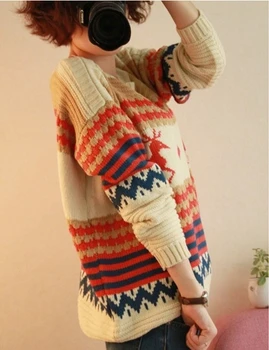 Aukštos kokybės N - apykaklės megztinis gyvūnų elnių rankovės ilgos Megztos Žiemą Šilta Kalėdų džemperis Moterims