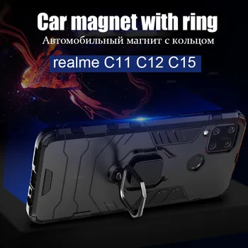 Byla dėl Realme C15 C11 c12 Atveju Sunkiųjų atsparus smūgiams Metalo Piršto Žiedą, Šarvai Atveju Padengti KOLEGA Realme RMX2185 RMX2180