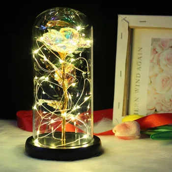 Dirbtinio Aukso Folija Rožių Gėlių Ir LED Šviesos Eilutę Stiklo Kupolu Ant Medinio Pagrindo Moteris Dovaną(Baterijos neįtrauktos) Naujas