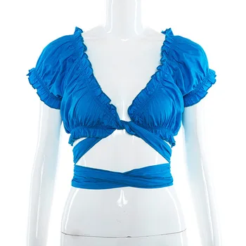 Elegantiška Mėlynos spalvos Nėrinių Šifono V-kaklo Viršūnes Moterų Vasaros Mados trumpomis Rankovėmis Beach Harajuku Tees Derliaus Sexy Marškinėliai