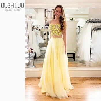 Geltonos spalvos Dviejų dalių Prom Dresses Pasėlių Top 2020 Metų Vasaros Duobute Appliques 3D Gėlių Off Peties Linijos Tiulio Šalies Dresse Suknelė