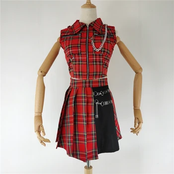 Gotikos Streetwear Vintage Sijonas, Klostuotas Sijonas, Aukšto Juosmens Mini Raudona Sijonai Atsitiktinis Kolegijos Lolita Harajuku Sijonas Moterims Goth Sijonas