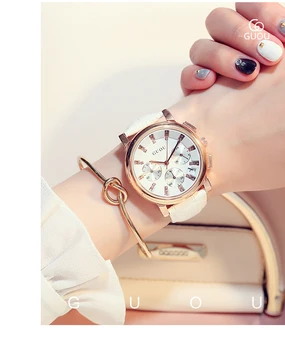 GUOU Aukštos kokybės Moterų laikrodžiai natūralios Odos Suknelė Žiūrėti 3 dirželių dizaino Analoginis Japonija Judėjimo Ponios Kalendorius relogio feminino