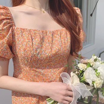 Gėlių Mielas Prašmatnus Suknelė Korėja Japonų Stiliaus Moteris Flhjlwoc Dizaino Stebėjimo Off Peties Saldus Derliaus Dieną Mini Suknelė 5618