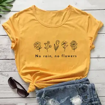 Jokio Lietaus, Jokio Gėlės Wildflower Atspausdinti Medvilnės Moterų Tshirts Polne Meile O-Kaklo Megztinis Trumpomis Rankovėmis Viršuje Wildflower Tees