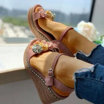 Karinluna pleištai aukšti kulniukai laisvalaikio gėlės patogus platforma vasaros sandalai moterims, batai moteriška
