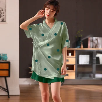 Kimono Pižama Moterims Vasaros Ledo Šilko Trumpas Rankovės Šortai Plonas Japonijos namų ūkių Kostiumas Pižamos Femme Satino Pijama Mujer 2020 m.