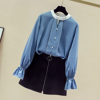 Korėjos Vintage Marškinėliai Moterims Rudenį Blyksnius Ilgomis Rankovėmis Viršūnes Šifono Palaidinė Moteriška Tuščiaviduriai Palaidinė Kietas Duobute Office Lady Naujas 11153