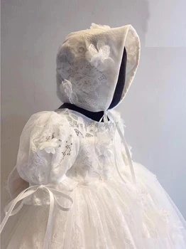 Kūdikių Bamblys Gėlių Nėrinių Suknelė tiktų Suknelė už 1 Pirmo Kūdikio Mergina Gimtadienio Komplektus Kūdikių Krikšto Suknelė 2 vnt suknelė+hat
