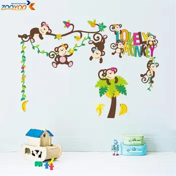 Lovey beždžionė medžio siena lipdukas ZooYoo 1217 kūdikio kambario dekoracijas, animacinių filmų lipdukai vaikams sienų lipdukai namų dekoro 