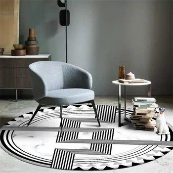 Mados, šiuolaikiška, paprasta, juoda ir balta geometrinis marmuro,-pavyzdžiui, apvalūs gyvenamasis kambarys, miegamasis išmatose ir neslidžia grindų kilimėlis kilimas