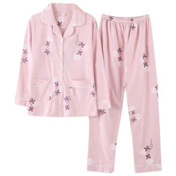Medvilnės Pižama Nustatyti vidutinio Amžiaus Moterims Gėlių Spausdinti Pižamos ilgomis rankovėmis Pijama Mujer Plius Dydis Sleepwear Homewear Pižamą