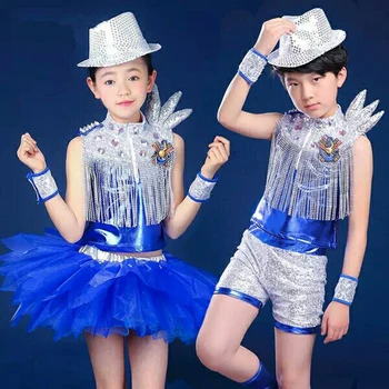 Mergaitė ir berniukas blizgučiai bling vykdymo etapą Džiazo Šokio kostiumas vaikų džiazo, Šiuolaikinio Šokio suknelė su skrybėle JQ-325