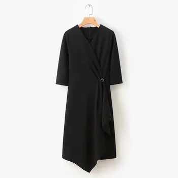 Merodi rudenį moterų atsitiktinis juoda nesimetriškas ilgos suknelės 2020 naujas mados aukštos juosmens, nugaros užtrauktukas ealstic dressvestidos