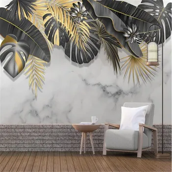 Milofi individualų 3D didelės tapetai Šiaurės minimalistinę rankų darbo dažytos tropinių augalų lapai džiazo balto marmuro sienos fone