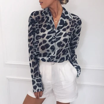 Moteriški Leopardas spausdinti Viršūnes ir Palaidinės, Elegantiška Ponia Prarasti Ilgą Šifono Rankovėmis Marškinėliai blusas femininas elegante chemise femme