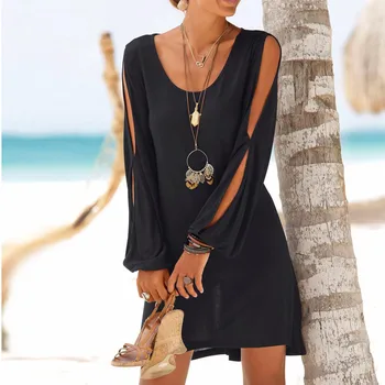 Moterų Vasaros Mados Seksualus Atsitiktinis O-Kaklo Tuščiaviduriai Iš Rankovės Kietasis Paplūdimio Stiliaus Mini Suknelė