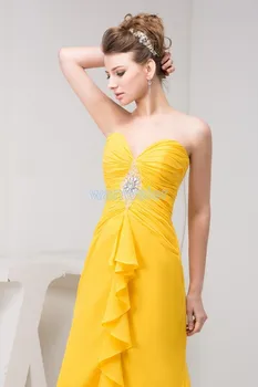 Nemokamas pristatymas 2018 kurti naujų atvykimo karšto užsakymą kristalų suknelė prabangos nekilnojamojo foto mažų traukinį geltono šifono bridesmaid suknelę