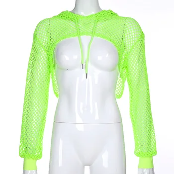 Neoninė Žalia Hoodies Matyti Per žvejybos tinklas Top 2000-ųjų Estetinės korėjos Stiliaus ilgomis Rankovėmis Moterims Pasėlių Top Marškinėliai Mujer Camisetas