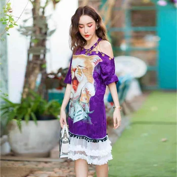 Originalus Tailando banga prekės pavasarį ir vasarą 2020 naujas kviesdamas katė spausdinimo kelkraštyje gazas susiuvimo seksuali moteriška suknelė
