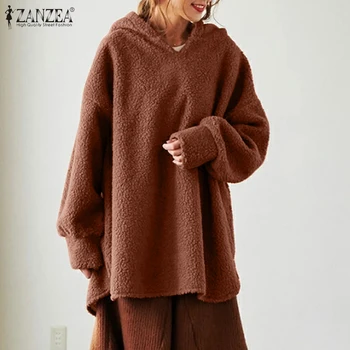 Plus Size Traksuits moteriški Megztiniai su Gobtuvu ZANZEA 2021 Stilingas Purus Hoodies Atsitiktinis ilgomis Rankovėmis Puloveriai Moterų Padalinta Viršūnės
