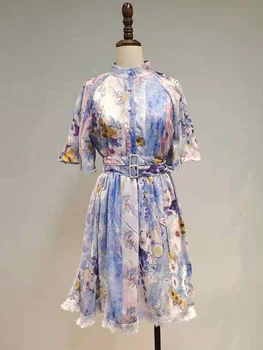 Podiumo retro stiliaus spausdinti plisuotos apvalios kaklo kaklaraištis juosmens, palaidi suknelė ponios pavasarį naują stilių asmenybės didelis hem Sluoksniuotos sijonas