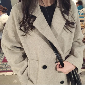 Rudenį ir žiemą naujas korėjiečių moterų vilnonis kailis Plonas buvo plonas ir didelis dydis vientisos spalvos dvieiliai vilnonis paltas