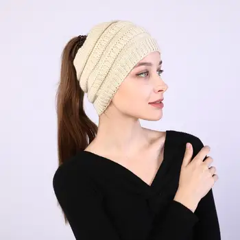 Rudenį, žiemą plaukai surišti į uodegą Beanie skrybėlių Moterų Ruožas Megzti Nėrimo Beanies bžūp Žiemos Kepuraitės Kepuraitė Moterims Šiltas Panele
