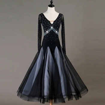 Sportinių Šokių Suknelės ilgomis rankovėmis juoda foxtrot kalnų krištolas masės Moterų Etape Valsas Šokių Suknelė MQ080